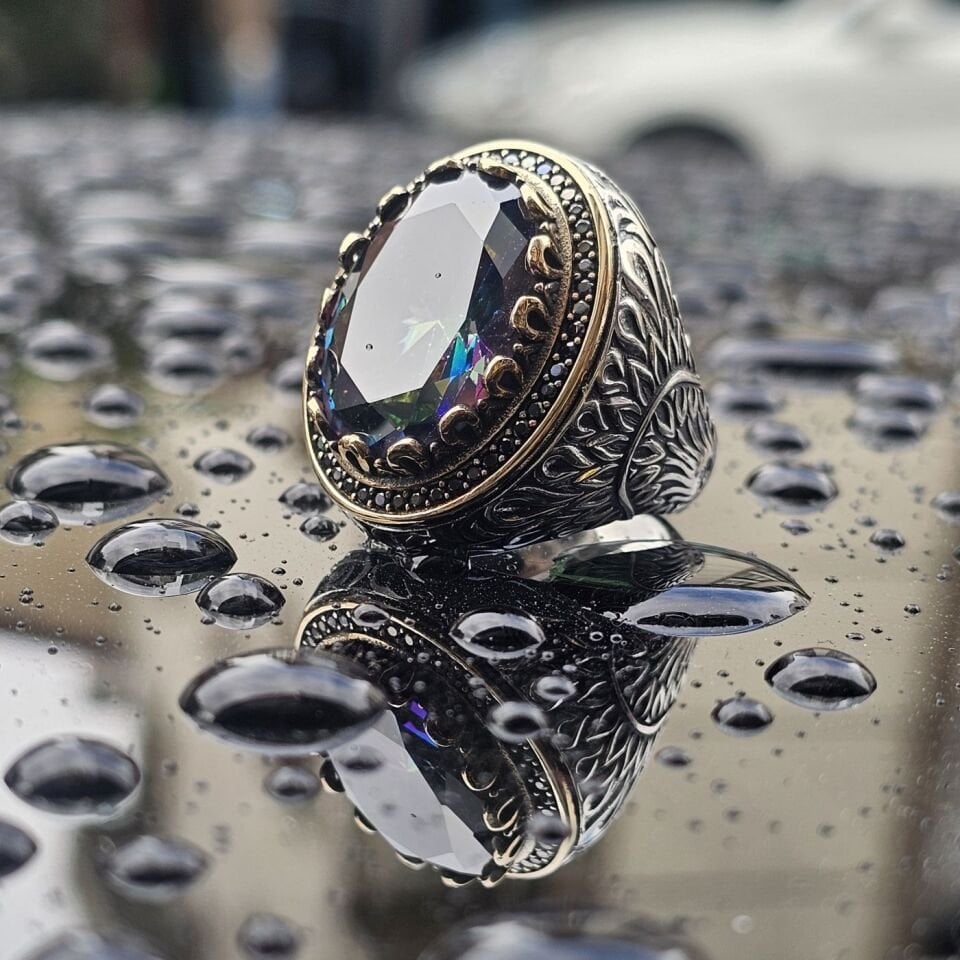 Lüks Mistik Topaz taşlı 925 Ayar Erkek Gümüş Yüzük