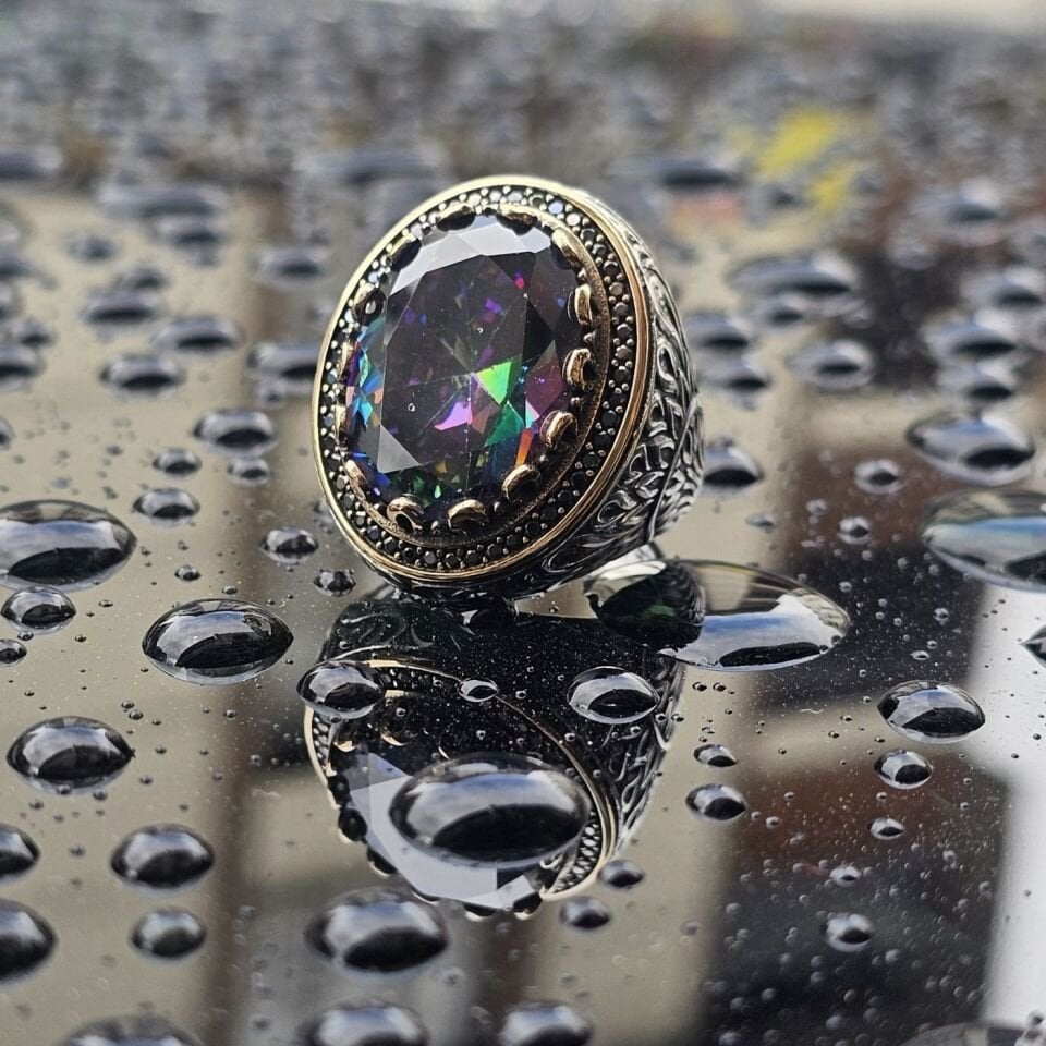 Lüks Mistik Topaz taşlı 925 Ayar Erkek Gümüş Yüzük 30