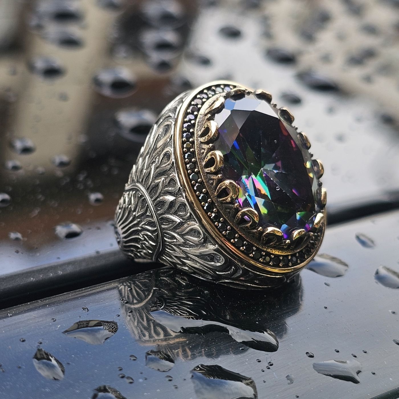 Lüks Mistik Topaz taşlı 925 Ayar Erkek Gümüş Yüzük 30