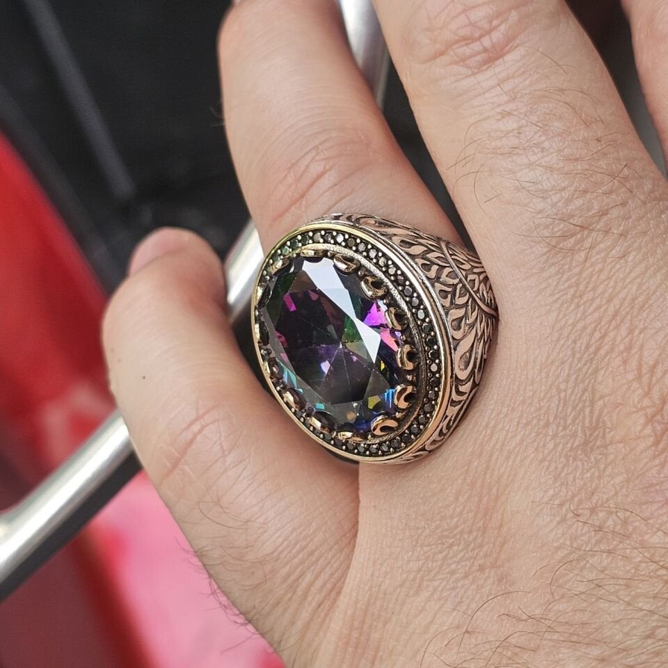 Lüks Mistik Topaz taşlı 925 Ayar Erkek Gümüş Yüzük 30