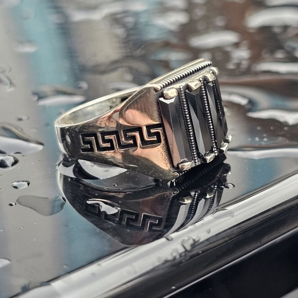 Siyah Baget Zirkon taşlı 925 Ayar Gümüş Erkek Yüzük 25