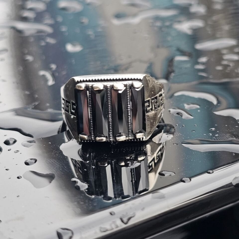 Siyah Baget Zirkon taşlı 925 Ayar Gümüş Erkek Yüzük 25