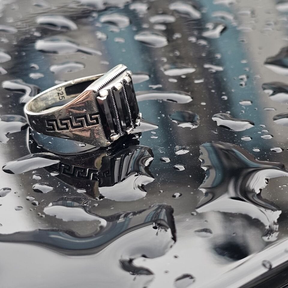 Siyah Baget Zirkon taşlı 925 Ayar Gümüş Erkek Yüzük 25