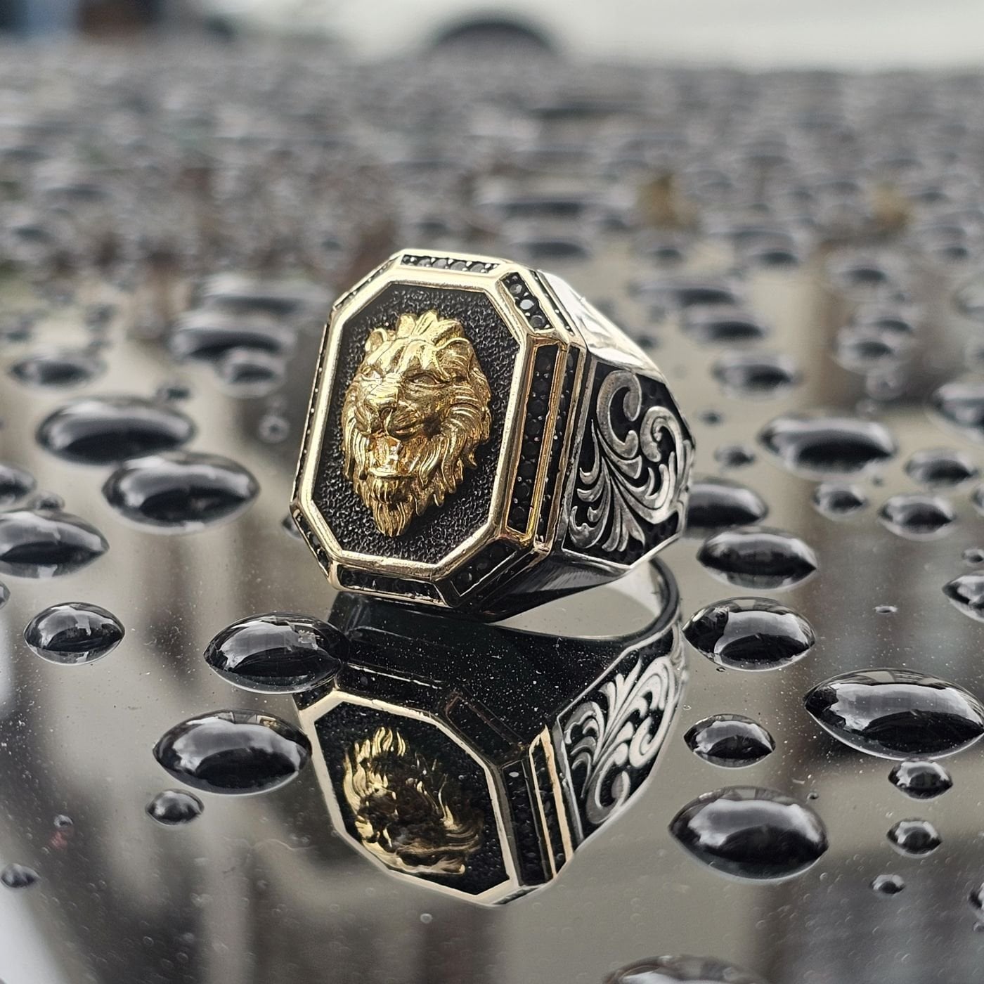 Üst Düzey Aslan Figürü taşlı kalem işlemeli 925 Ayar Erkek Gümüş Yüzük 30