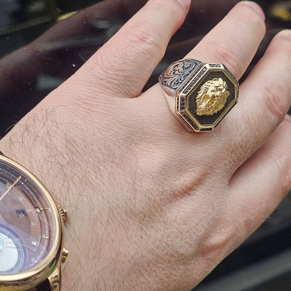 Üst Düzey Aslan Figürü taşlı kalem işlemeli 925 Ayar Erkek Gümüş Yüzük 30