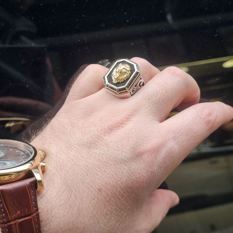 Üst Düzey Aslan Figürü taşlı kalem işlemeli 925 Ayar Erkek Gümüş Yüzük 30