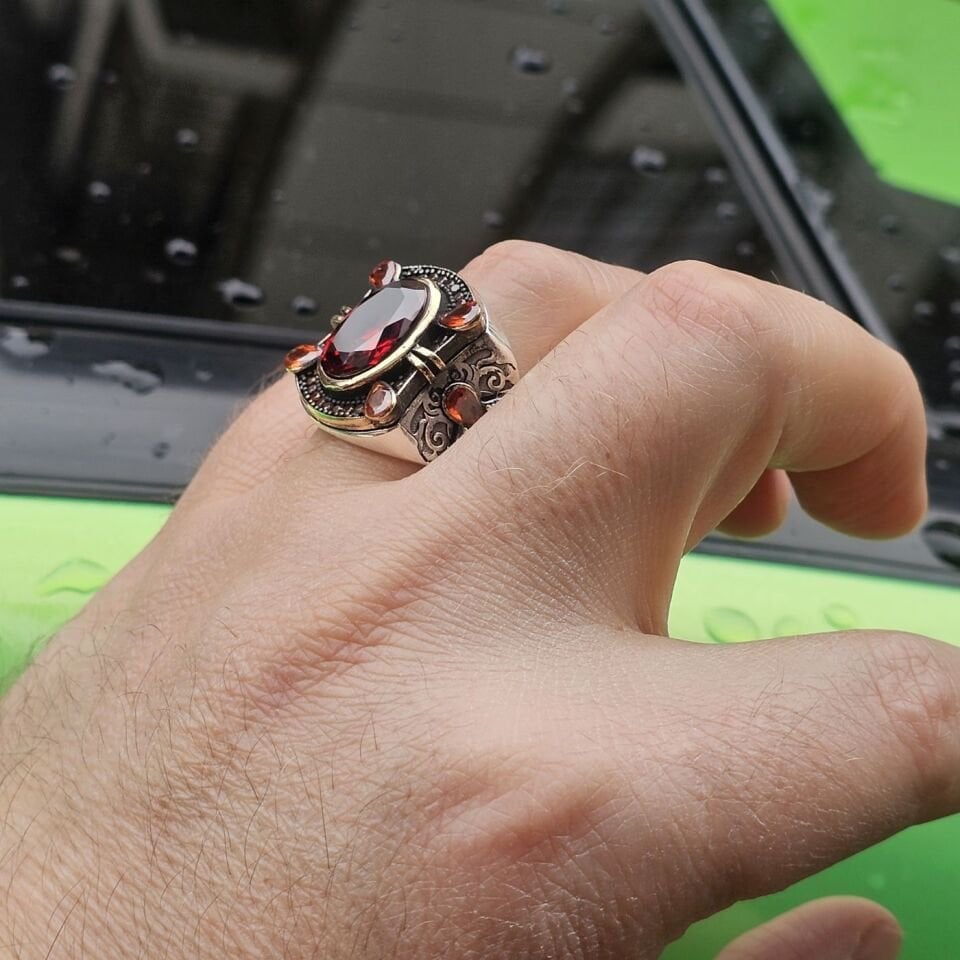 Kırmızı Zirkon taşlı Damla Zirkon taş süslemeli 925 Ayar Erkek Gümüş Yüzük