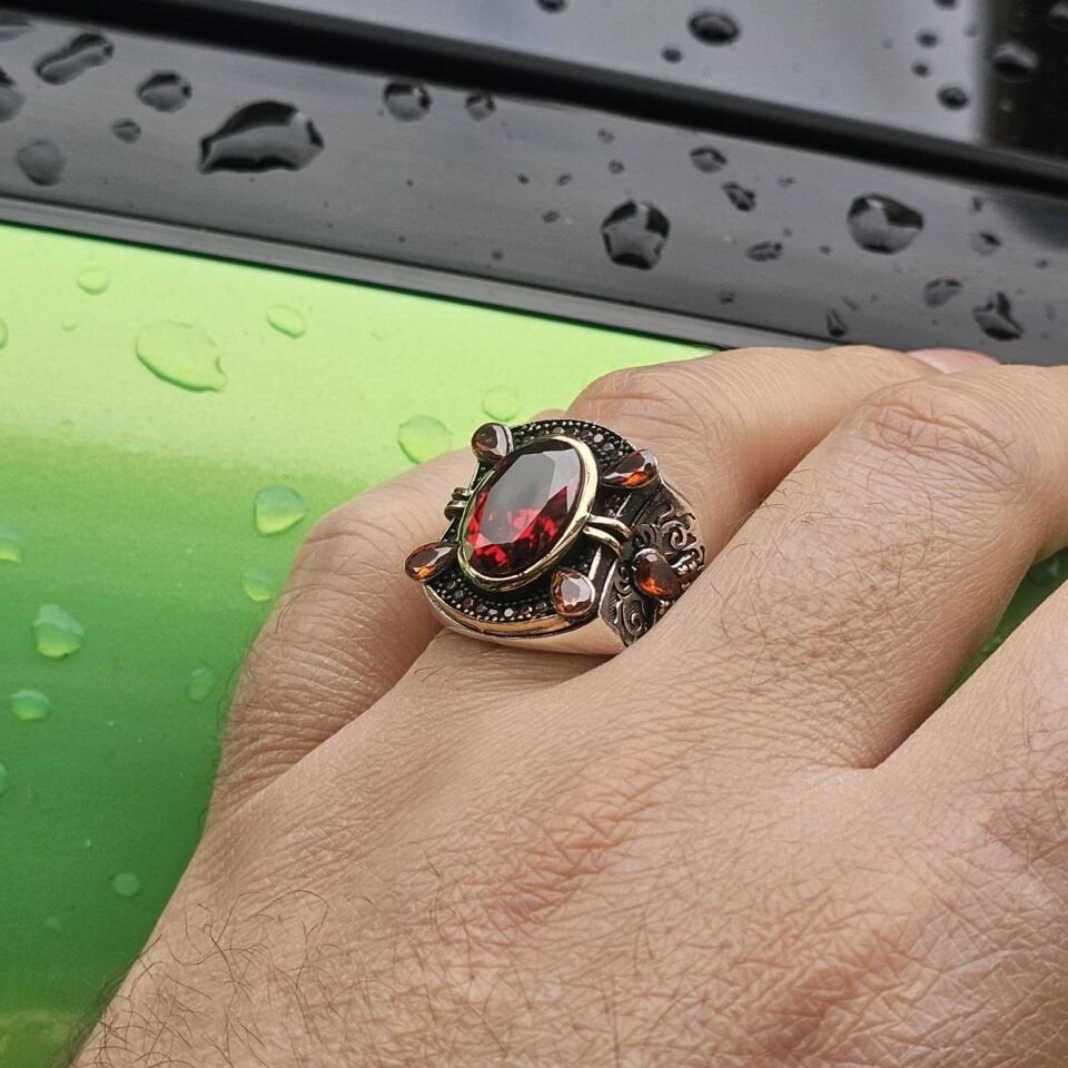 Kırmızı Zirkon taşlı Damla Zirkon taş süslemeli 925 Ayar Erkek Gümüş Yüzük 30