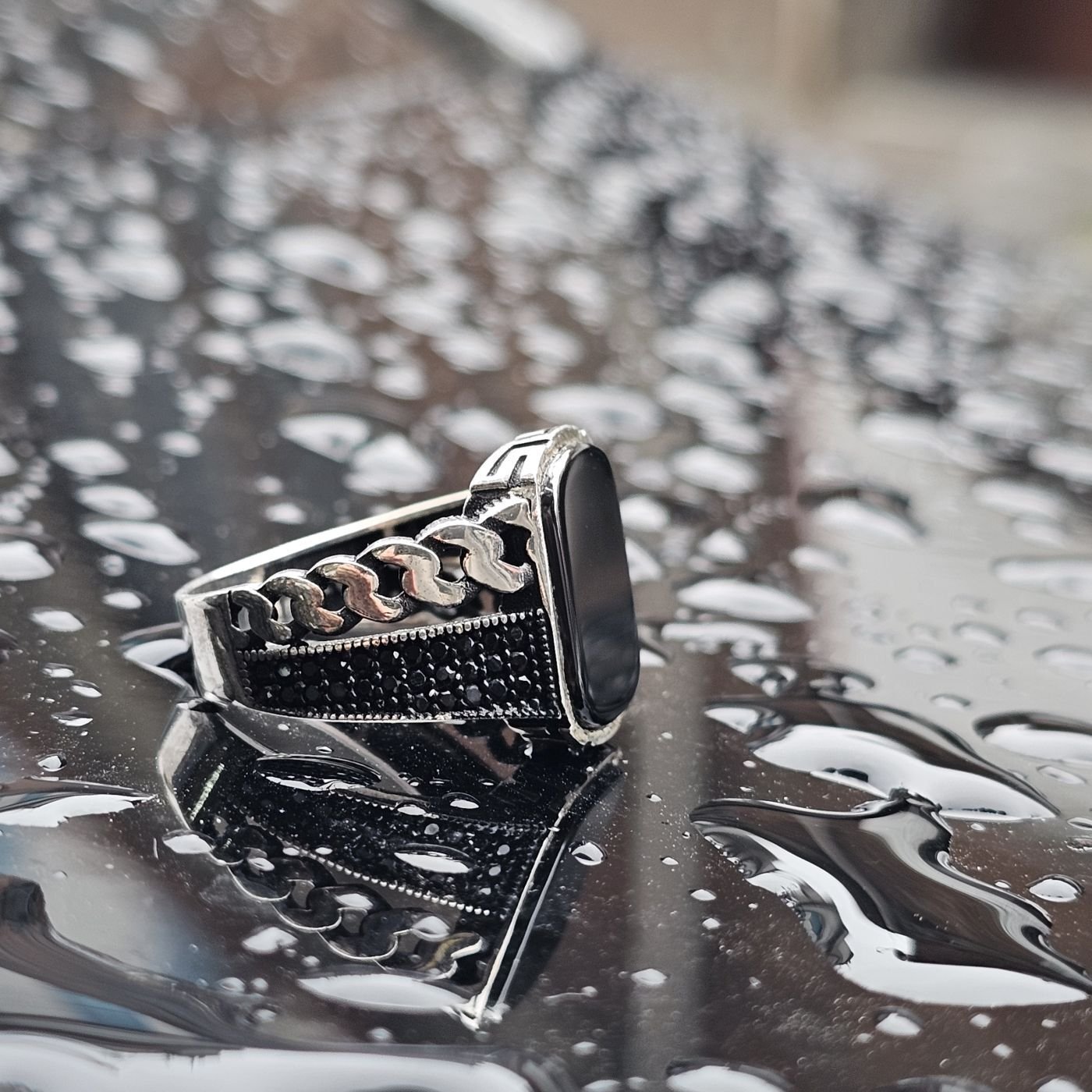 Oniks taşlı işlemeli 925 Ayar Erkek Gümüş Yüzük 25