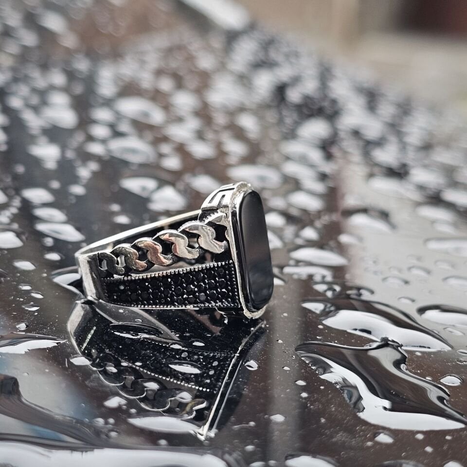 Oniks taşlı işlemeli 925 Ayar Erkek Gümüş Yüzük 25