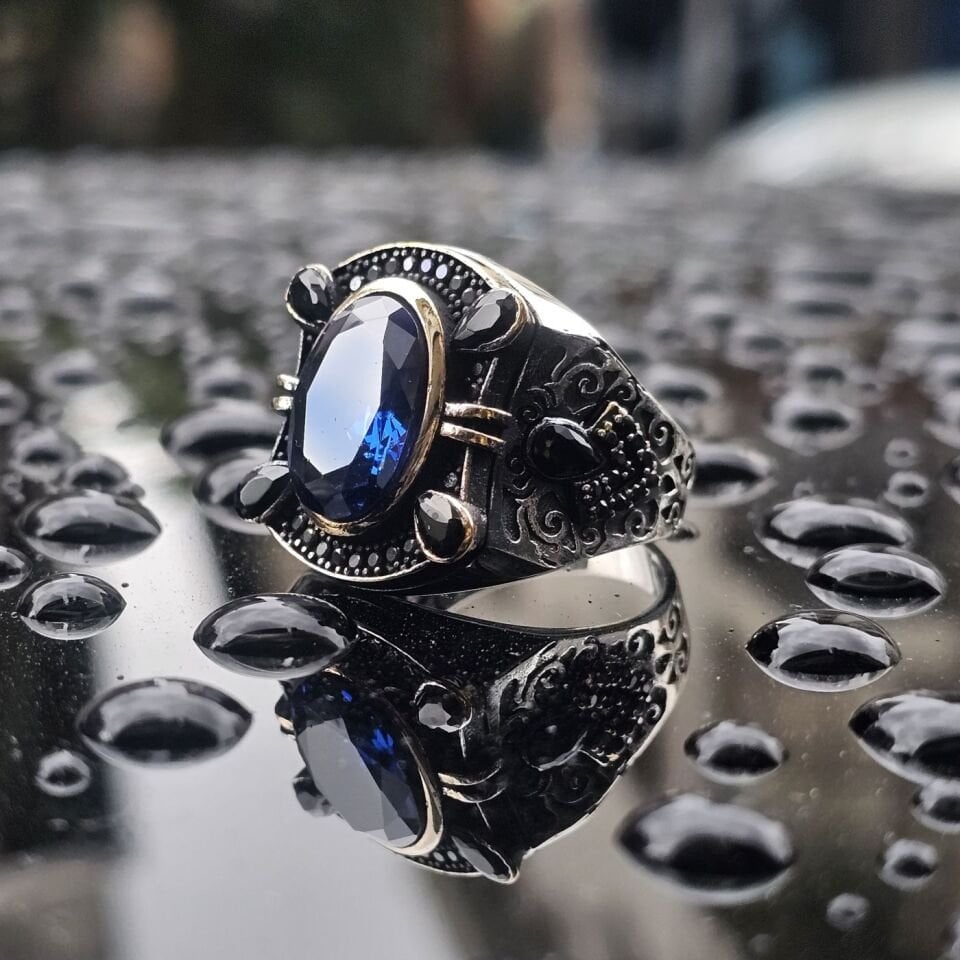 Mavi Zirkon taşlı Damla Zirkon taş süslemeli 925 Ayar Erkek Gümüş Yüzük