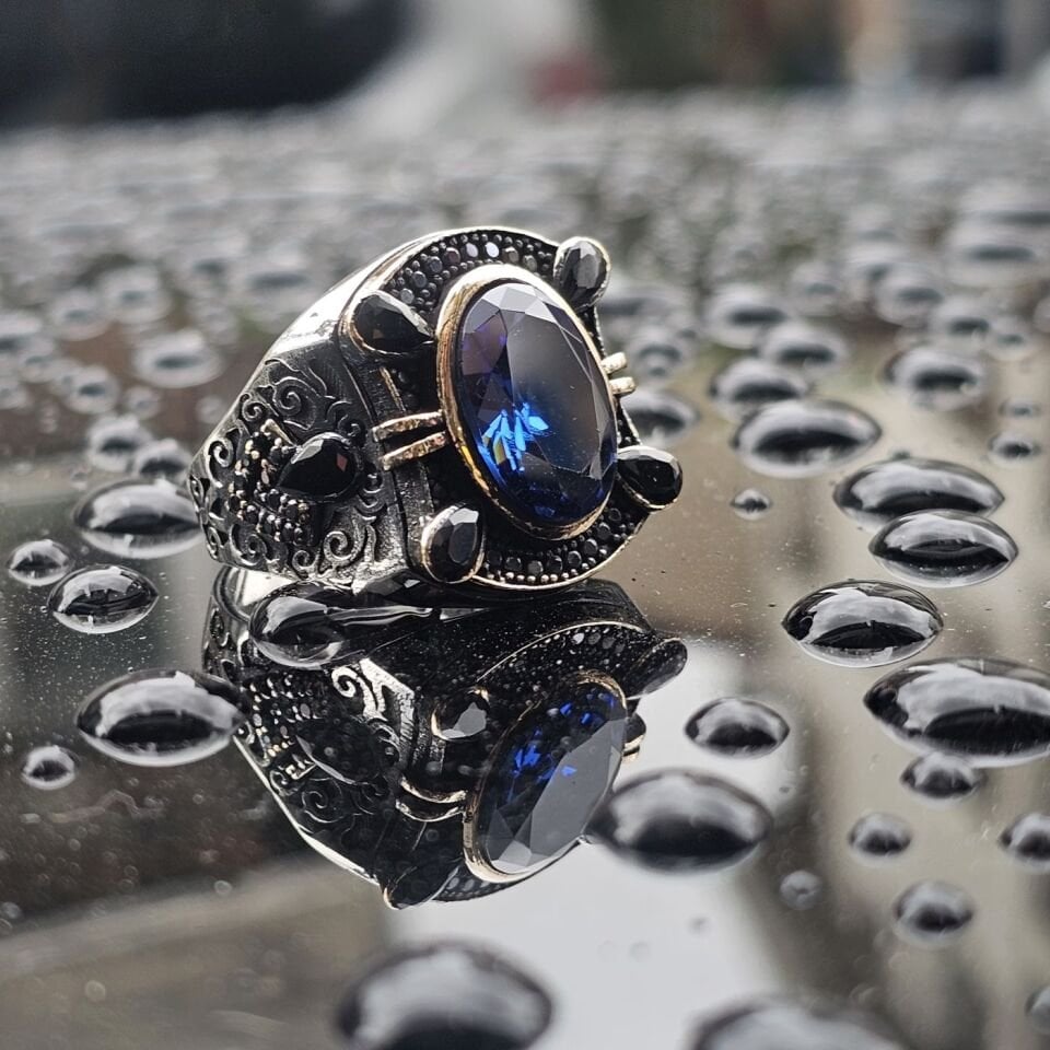 Mavi Zirkon taşlı Damla Zirkon taş süslemeli 925 Ayar Erkek Gümüş Yüzük