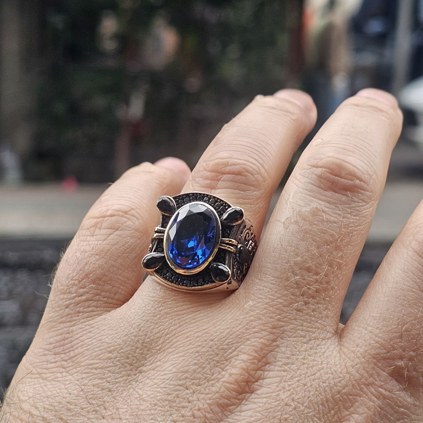 Mavi Zirkon taşlı Damla Zirkon taş süslemeli 925 Ayar Erkek Gümüş Yüzük 27