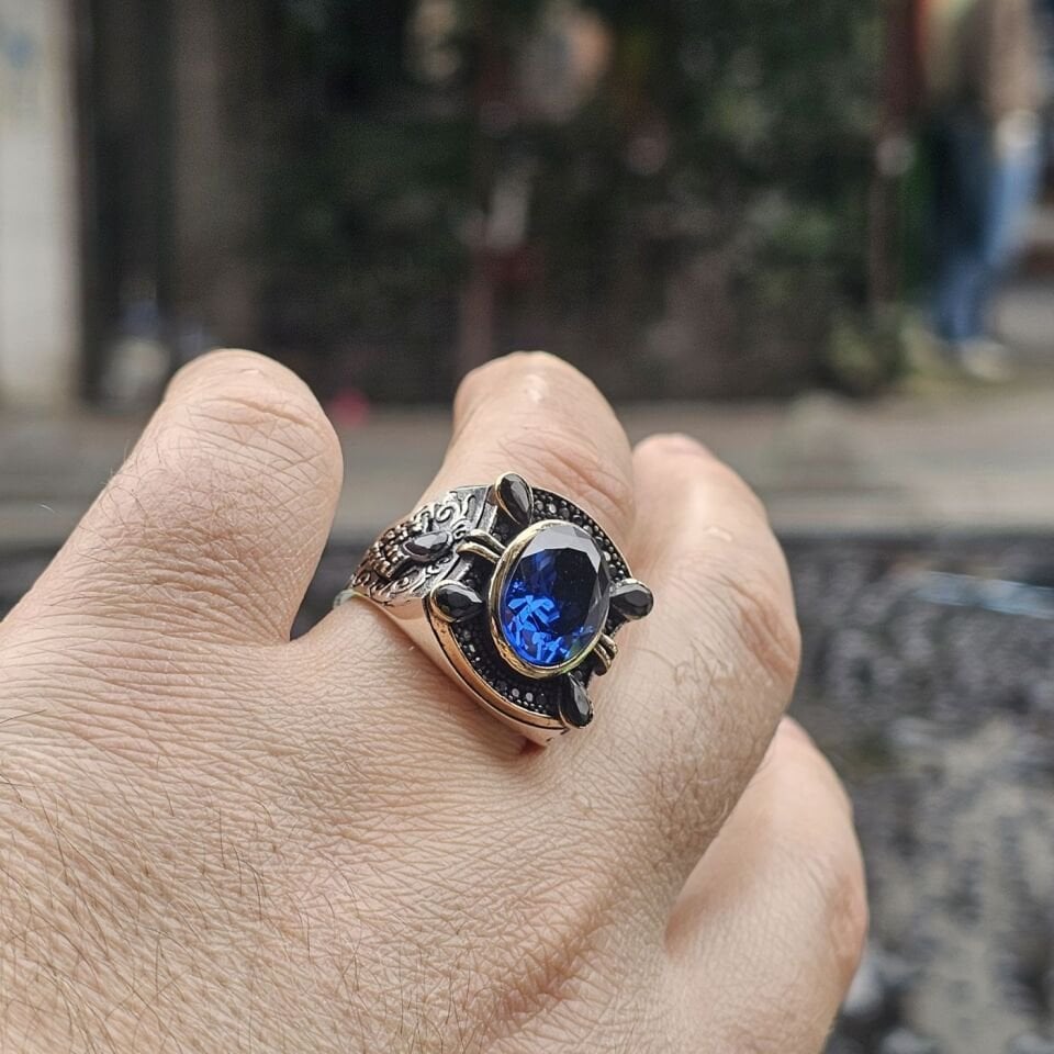 Mavi Zirkon taşlı Damla Zirkon taş süslemeli 925 Ayar Erkek Gümüş Yüzük