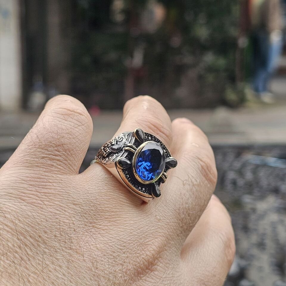 Mavi Zirkon taşlı Damla Zirkon taş süslemeli 925 Ayar Erkek Gümüş Yüzük 27