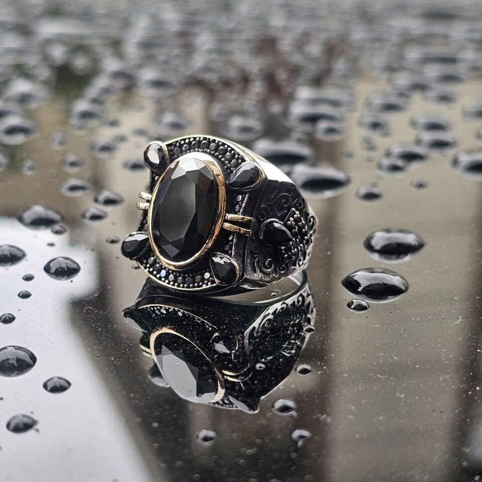 Siyah Zirkon taşlı Damla Zirkon taş süslemeli 925 Ayar Erkek Gümüş Yüzük 27
