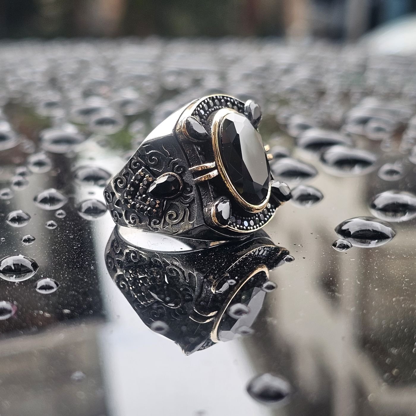 Siyah Zirkon taşlı Damla Zirkon taş süslemeli 925 Ayar Erkek Gümüş Yüzük