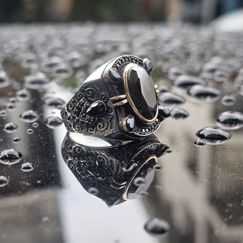 Siyah Zirkon taşlı Damla Zirkon taş süslemeli 925 Ayar Erkek Gümüş Yüzük 27