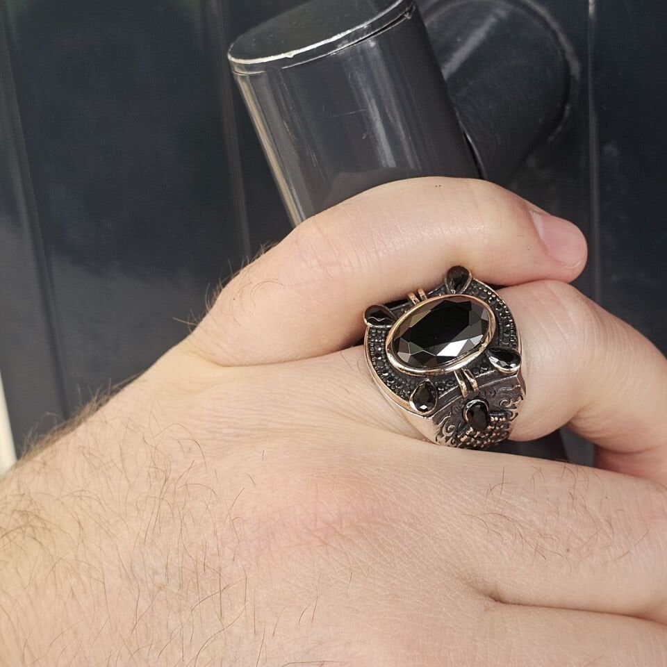 Siyah Zirkon taşlı Damla Zirkon taş süslemeli 925 Ayar Erkek Gümüş Yüzük