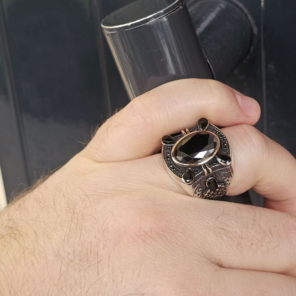 Siyah Zirkon taşlı Damla Zirkon taş süslemeli 925 Ayar Erkek Gümüş Yüzük 27