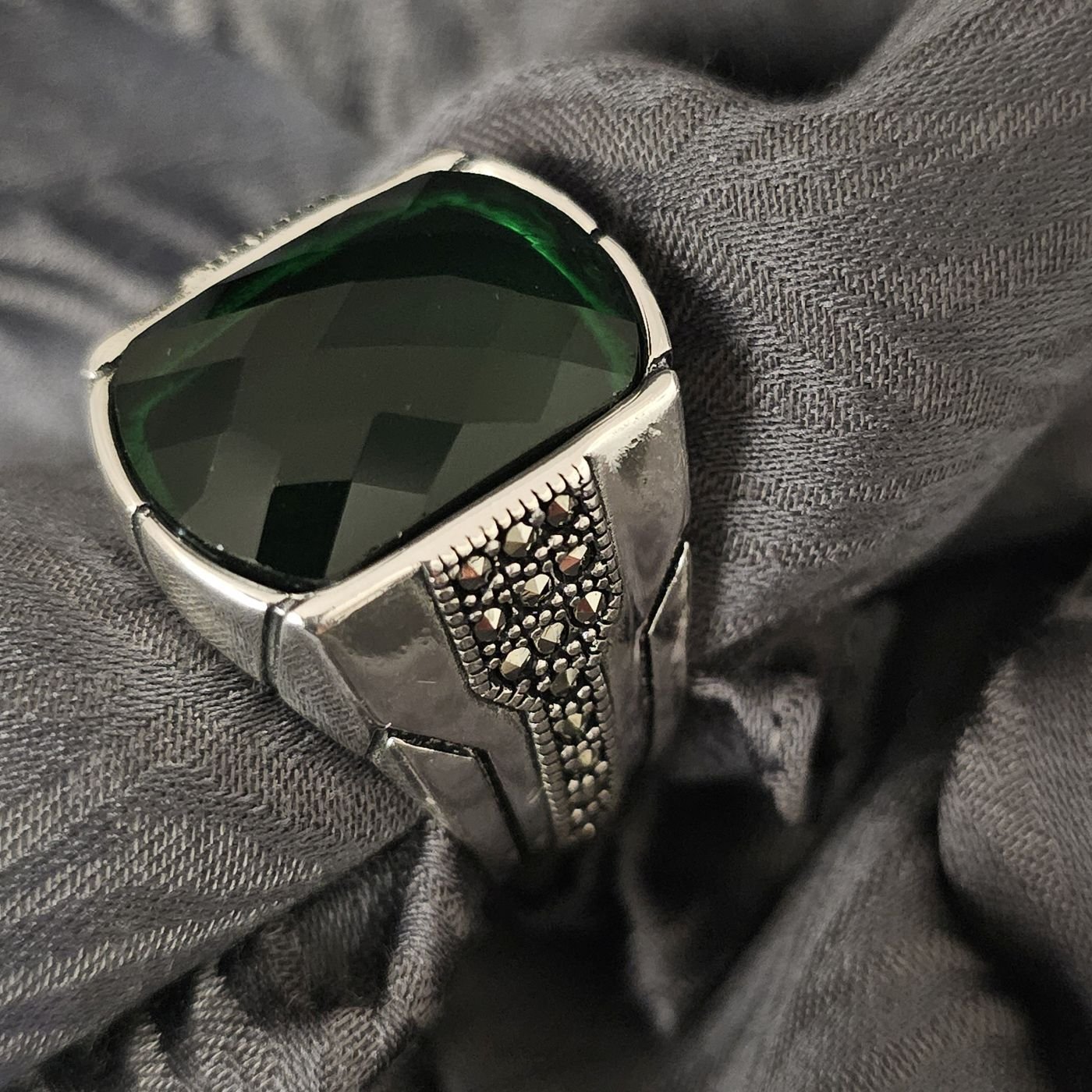 Margazit  işlemeli Zirkon taşlı 925 Ayar Gümüş Yüzük yeşil - 29