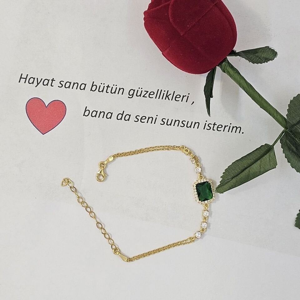 Yeşil Baget taşlı  Rose Kaplama Gurmet Zincir model 925 Ayar Gümüş Kadın Bilekliği