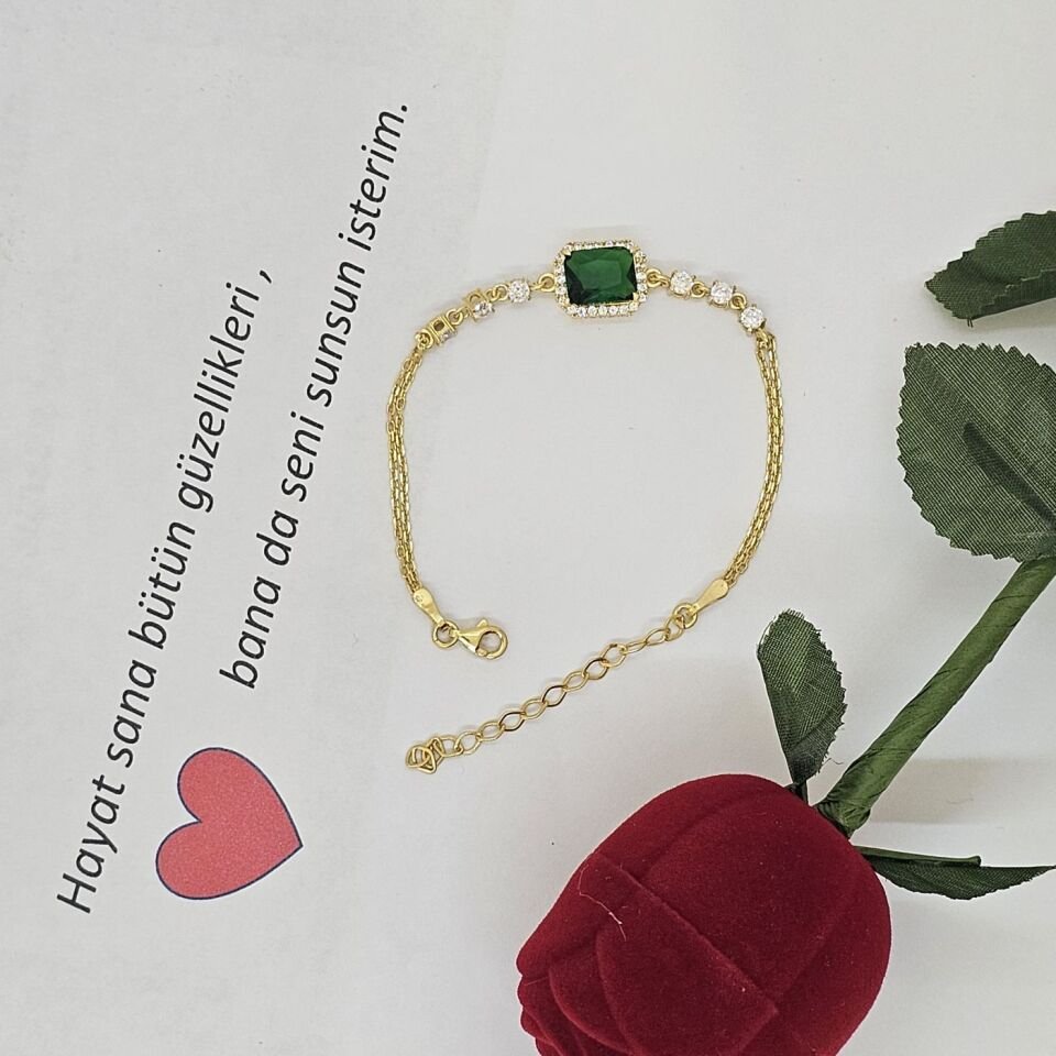 Yeşil Baget taşlı  Rose Kaplama Gurmet Zincir model 925 Ayar Gümüş Kadın Bilekliği