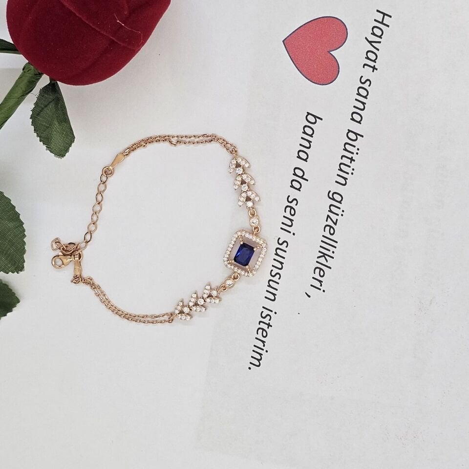 Rose Gurmet Zincirli Safir Baget Taşlı 925 Ayar Gümüş Kadın Bileklik