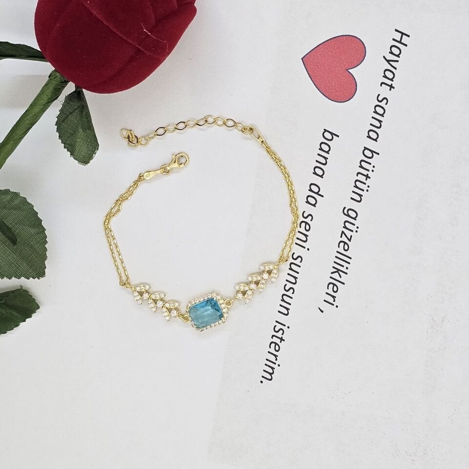 Rose Gurmet Zincirli Aquamarine Baget Taşlı 925 Ayar Gümüş Kadın Bileklik