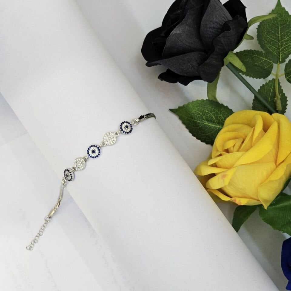 Mavi Nazar Boncuklu Zirkon Taşlı 925 Ayar Gümüş Bileklik