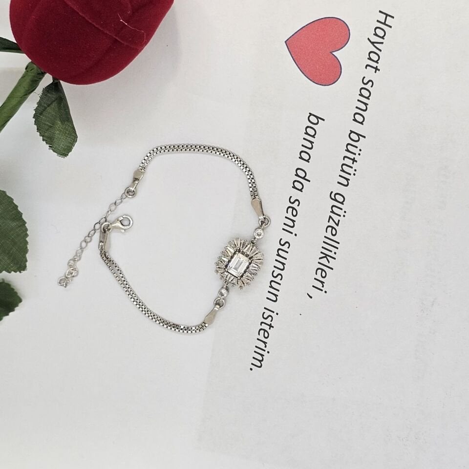 Gurmet Zincirli Pırlanta Tasarım Baget Taşlı 925 Ayar Gümüş Kadın Bileklik