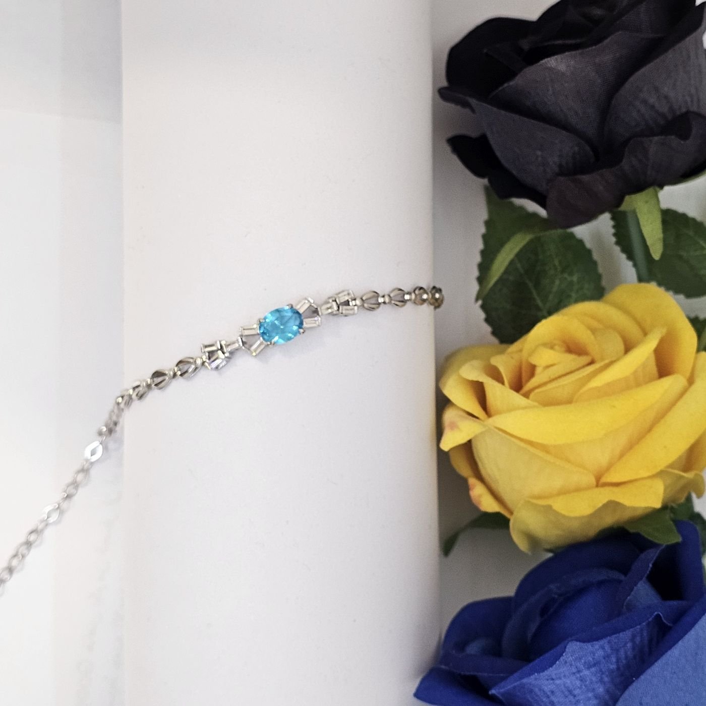 Gurmet Zincirli Aquamarine Baget Taşlı 925 Ayar Gümüş Kadın Bileklik