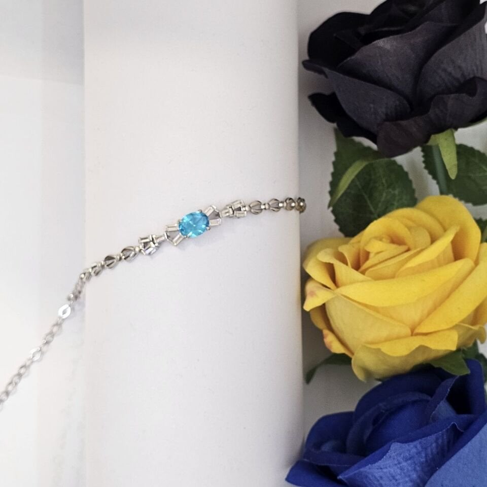 Gurmet Zincirli Aquamarine Baget Taşlı 925 Ayar Gümüş Kadın Bileklik