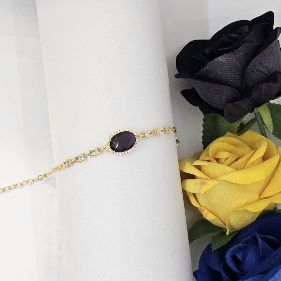 Mor Zirkon Taşlı Rose Kaplama Gurmet Zincir model 925 Ayar Gümüş Kadın Bilekliği