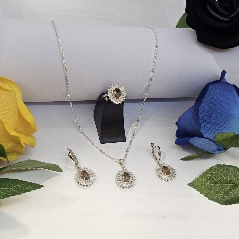 925 Ayar Gümüş Zultanit Taşlı Üçlü Set ( Kolye Küpe Yüzük )