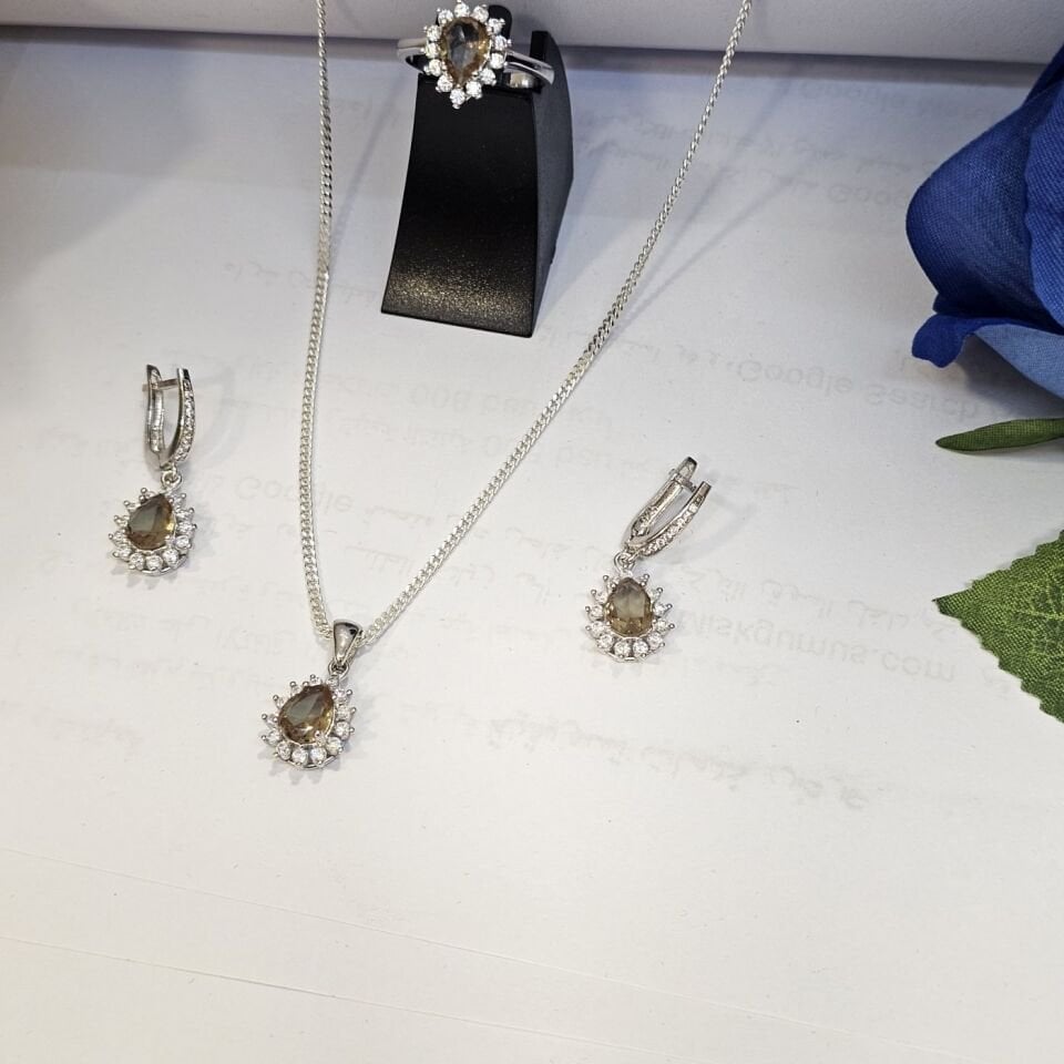 925 Ayar Gümüş Zultanit Taşlı Üçlü Set ( Kolye Küpe Yüzük )