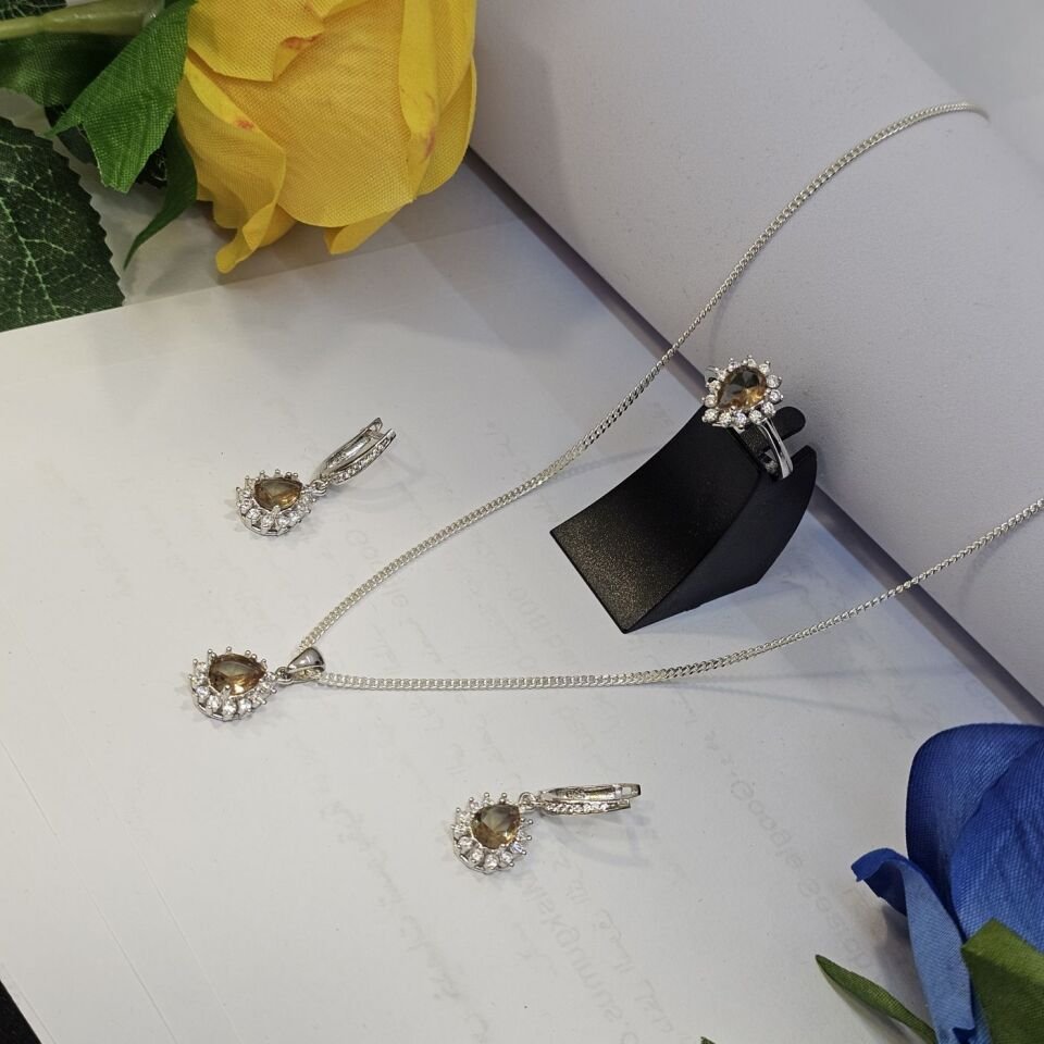 925 Ayar Gümüş Zultanit Taşlı Üçlü Set ( Kolye Küpe Yüzük )