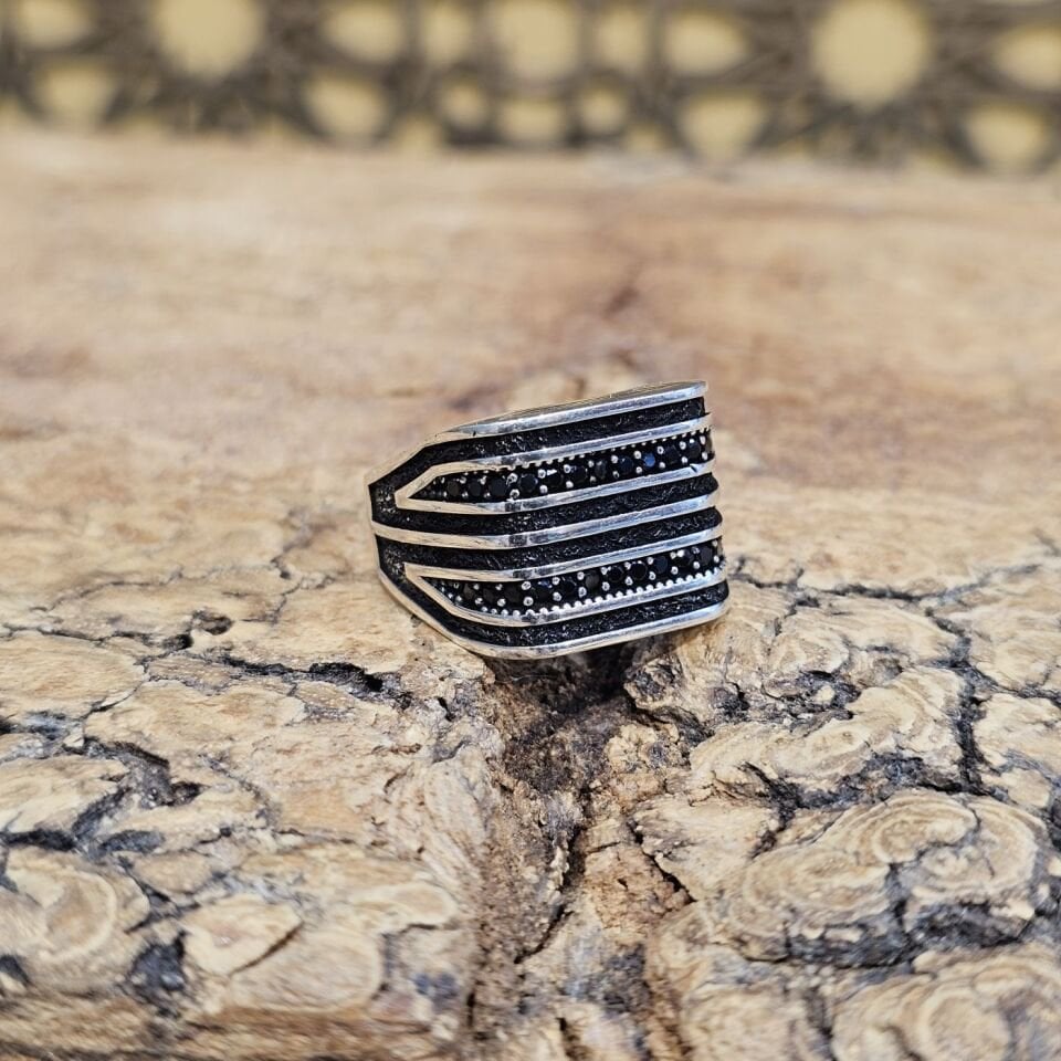 925 Ayar Gümüş Siyah Zirkon Taşlı Erkek Model Erkek Yüzük 27