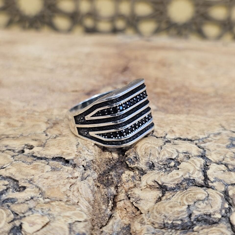 925 Ayar Gümüş Siyah Zirkon Taşlı Erkek Model Erkek Yüzük 27