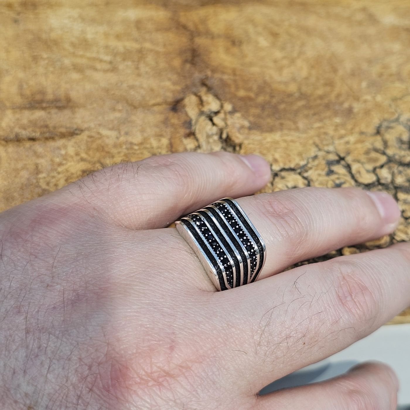 925 Ayar Gümüş Siyah Zirkon Taşlı Erkek Model Erkek Yüzük 27