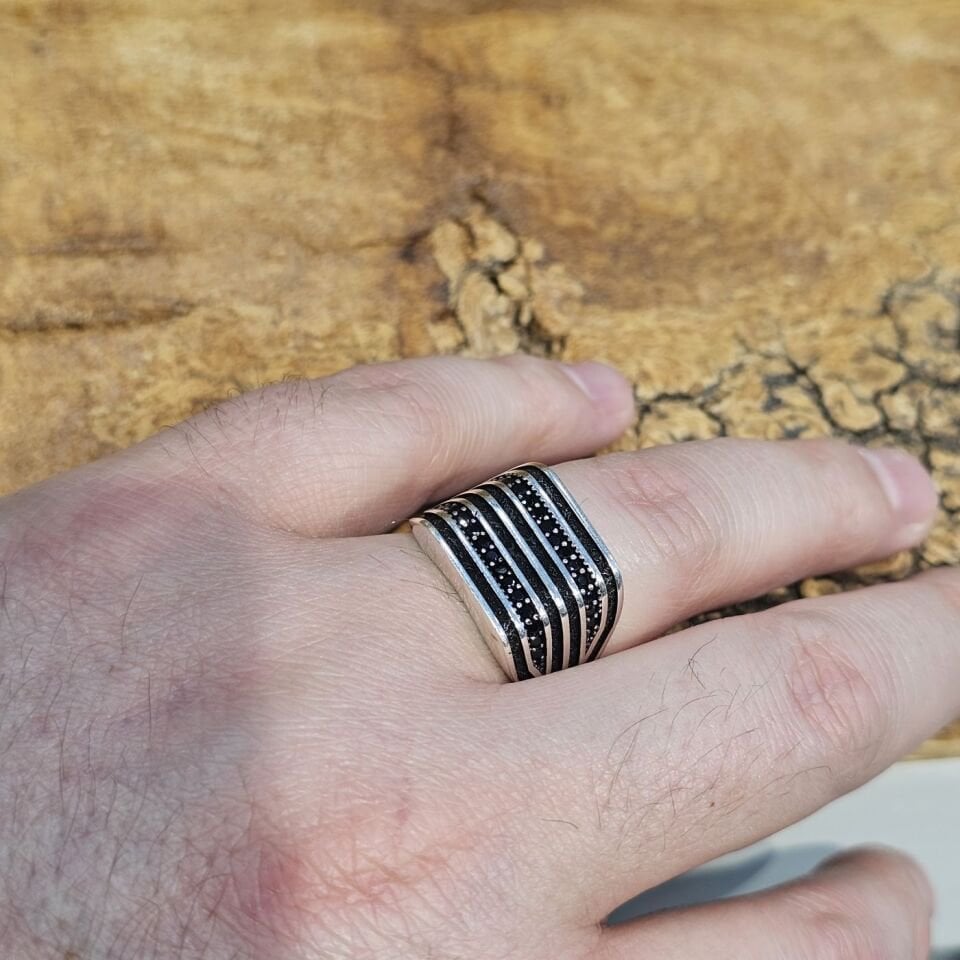 925 Ayar Gümüş Siyah Zirkon Taşlı Erkek Model Erkek Yüzük 27