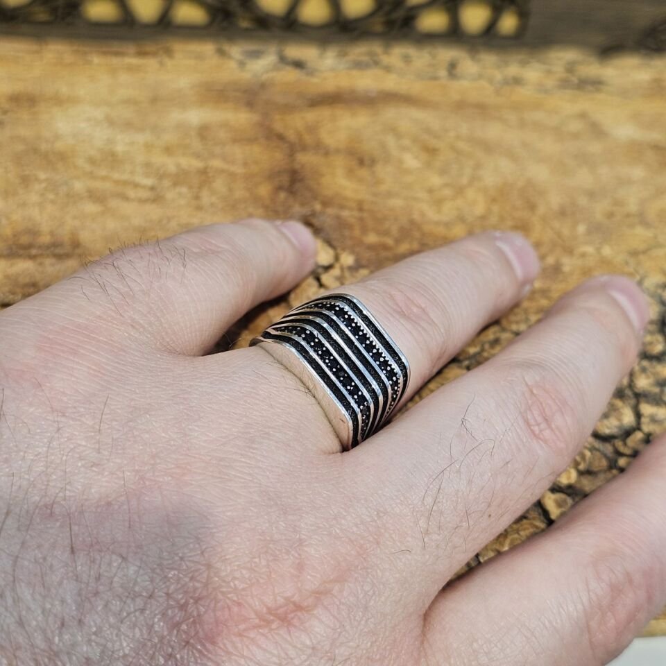 925 Ayar Gümüş Siyah Zirkon Taşlı Erkek Model Erkek Yüzük 27