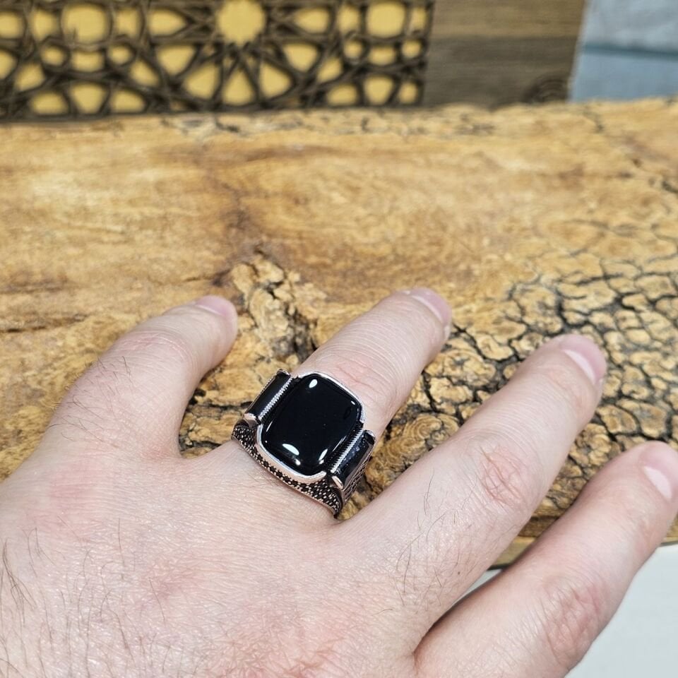 Oniks Taşlı 925 Ayar Gümüş Erkek Yüzük 27