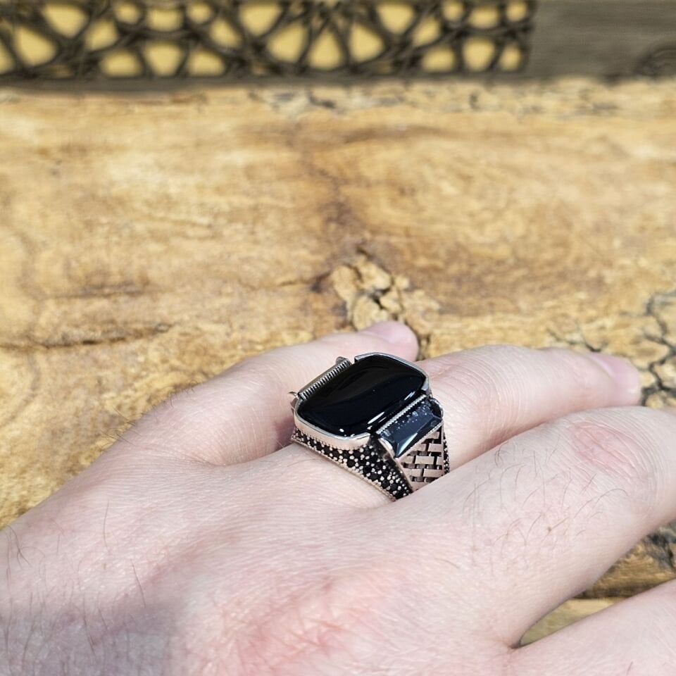 Oniks Taşlı 925 Ayar Gümüş Erkek Yüzük 25