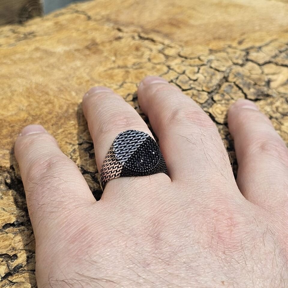 925 Ayar Gümüş Mikro Taşlı Modern Tasarım Erkek Yüzük 27