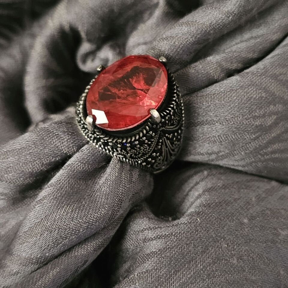 Paraiba taşlı Oksitli 925 Ayar Gümüş Yüzük kırmızı - 22