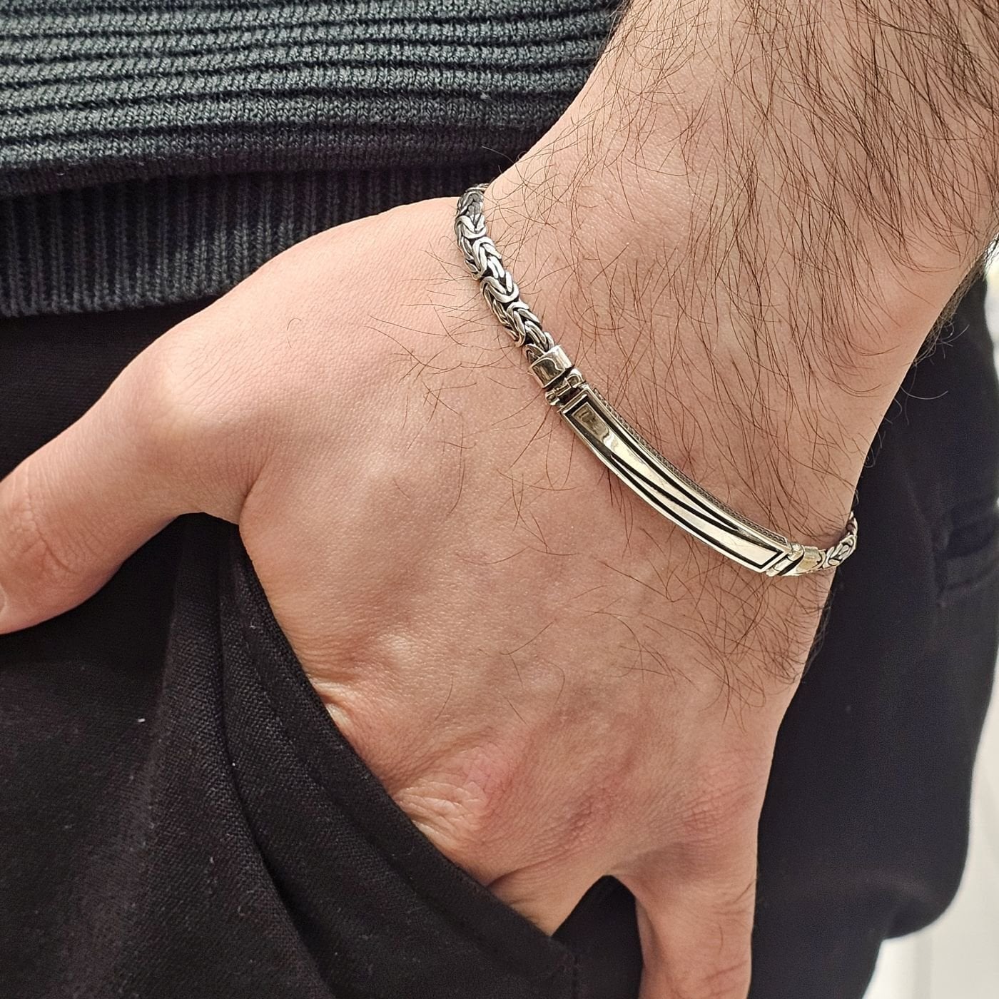 Kral Zincir Sade Motif İşlemeli 925 Ayar Gümüş Erkek Bileklik