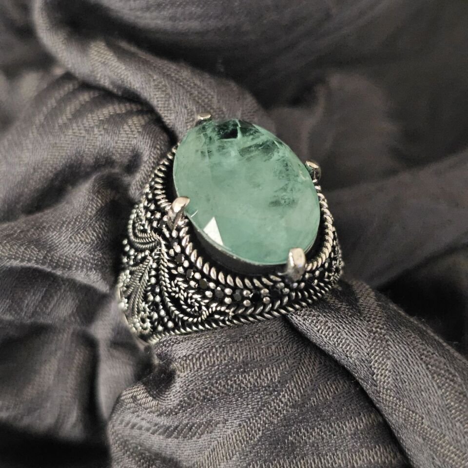 Paraiba taşlı Oksitli 925 Ayar Gümüş Yüzük yeşil - 18