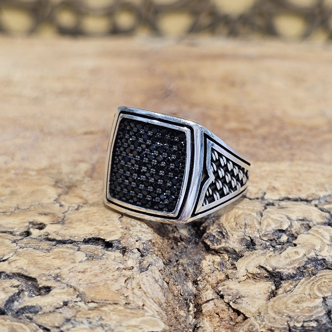 Siyah Mikro Zirkon Taş İşlemeli 925 Gümüş Erkek Yüzük 27
