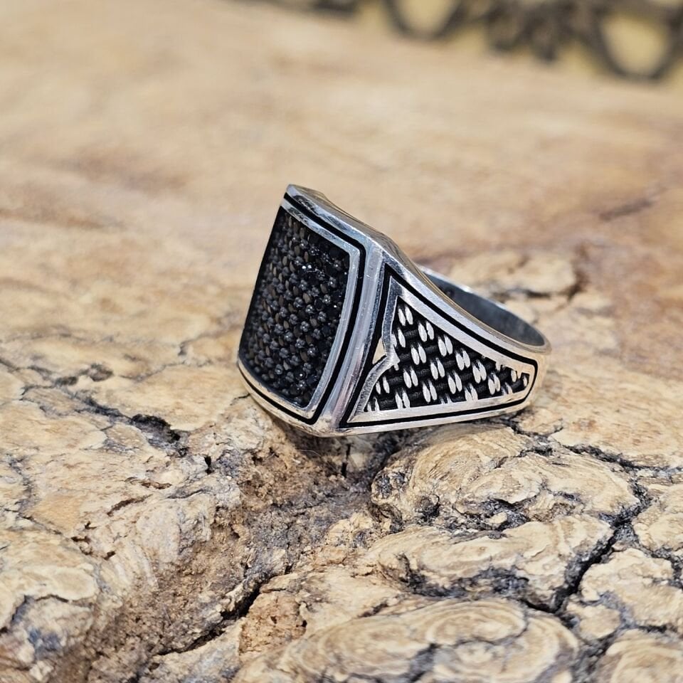 Siyah Mikro Zirkon Taş İşlemeli 925 Gümüş Erkek Yüzük 27